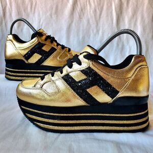 Hogan H368 Womens Maxi Sole Leather Sneakers Gold/Black Glitter Sz EU35.5/US 5.5